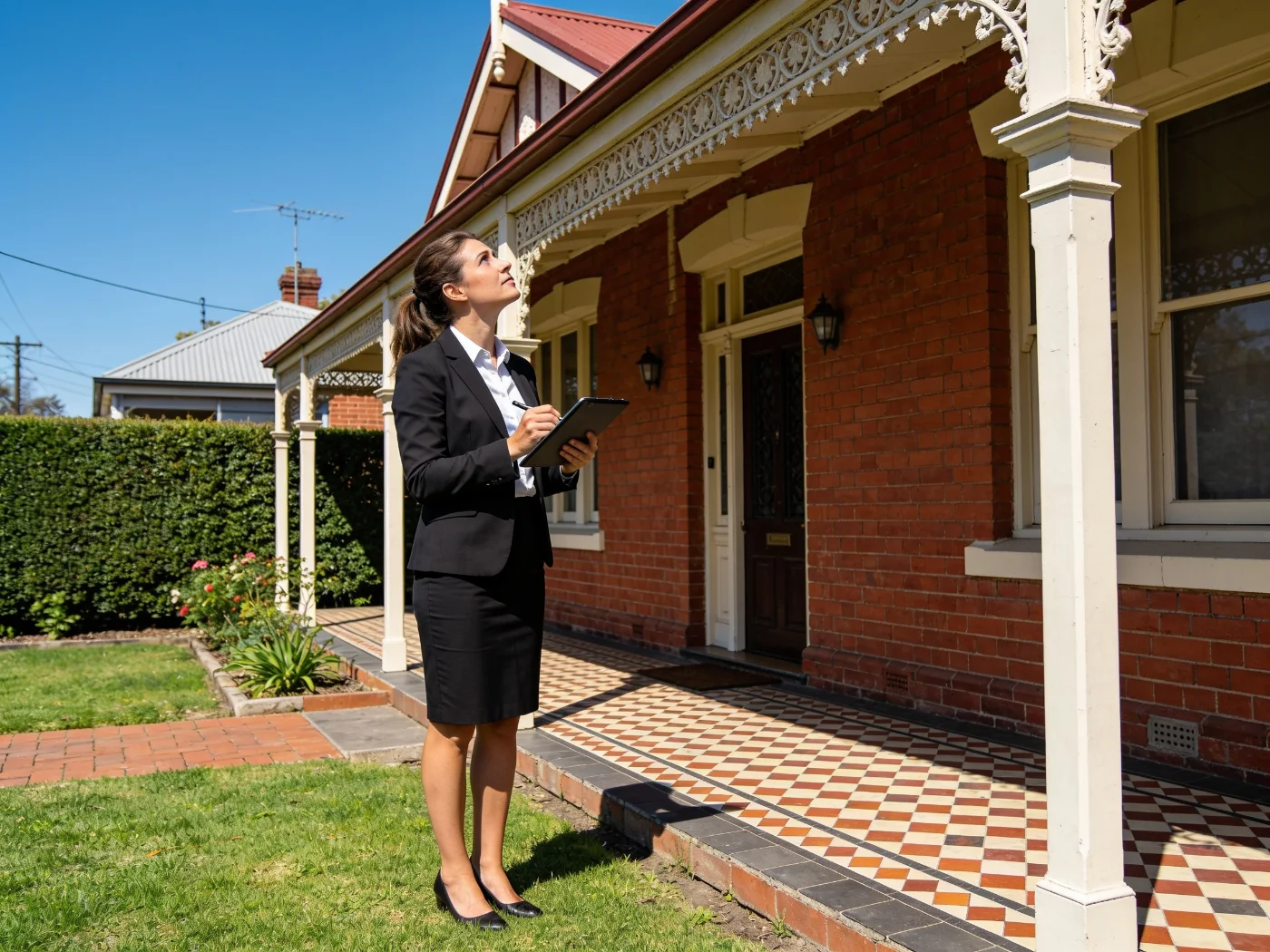 A property valuer inspecting the exterior of an Edwardian red-brick home in suburban Melbourne